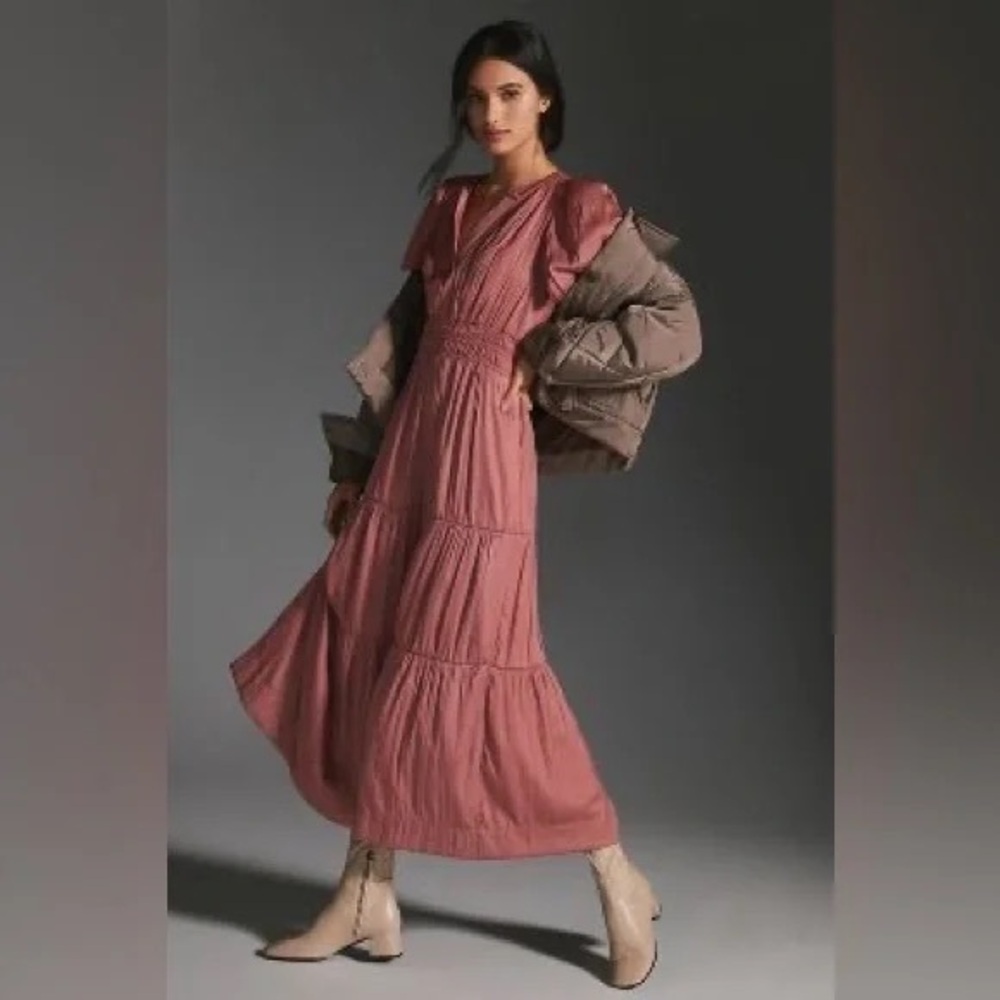 Anthropologie Dusty Rose Tiered Maxi Dress